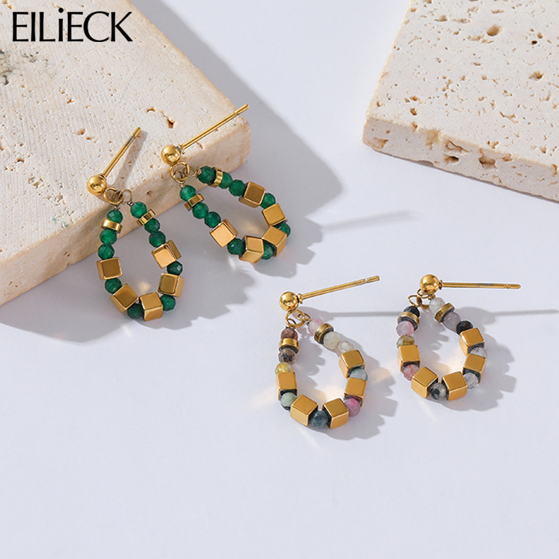 Eilieck 316l Roestvrij Staal Blokjes Groene En Paarse Kraal Oorbellen Voor Vrouwen Mode Meisjes Lichaam Sieraden Feest Cadeau Bijoux Femmes