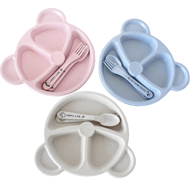 3 stk / sæt baby skål + ske + gaffel fodring mad bordservice tegneserie bjørn børn retter spiser porcelæn anti træning middag plade