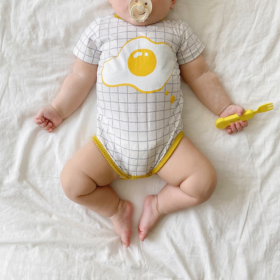 Body d'été en coton pour bébés garçons et filles, vêtements à carreaux, œufs pochés, motif de dessin animé, à la , avec bandeau à fleurs,