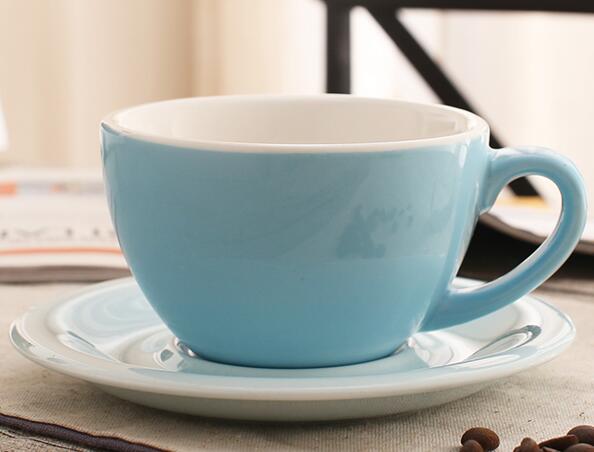 300 ml farverige tykke porcelæns-kaffekopper og underkopper, keramiske lattekopper og underkopper: Blå