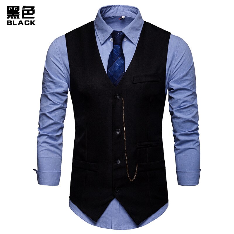 MIAMOOM Men Smart Casual Vest Single Breast Fit Mens Suit Vest: Black / XXL