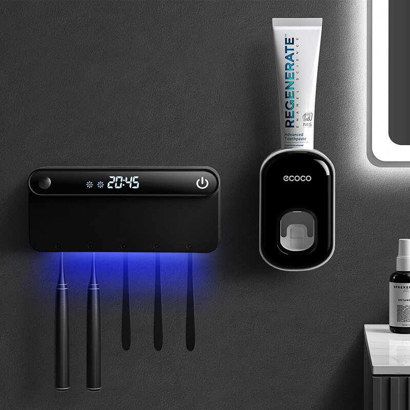PEISI UV Toothbrush Holder Sterilizer Toothpaste Squeezer Dispenser LED Displayed Timming Disinfection Bathroom Accessories Set: A Black Set