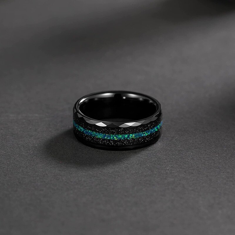 TIGRADE-Bandas de boda de tungsteno para hombre, 8MM, borde multifacético con arena negra y ópalo verde-azul, anillos de boda con incrustaciones, ajuste cómodo