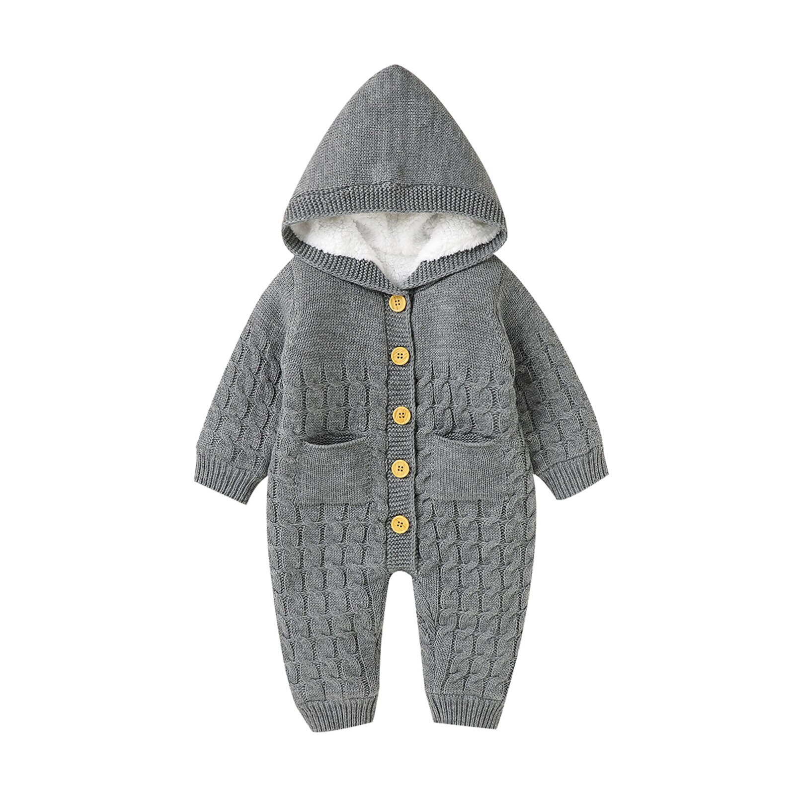 Baby Baby Meisjes Jongens Winter Warm Hooded Jumpsuit Effen Kleur Lange Mouwen Button Down Cable Knit Effen Romper: GRAY / 6m