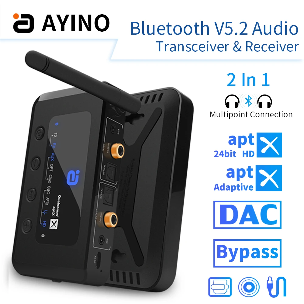 AYINO Bluetooth 5.2 2in1 AptX-Adaptive HD récepteur Audio émetteur adaptateur AUX Fiber Coaxial dérivation QCC sans perte faible latence