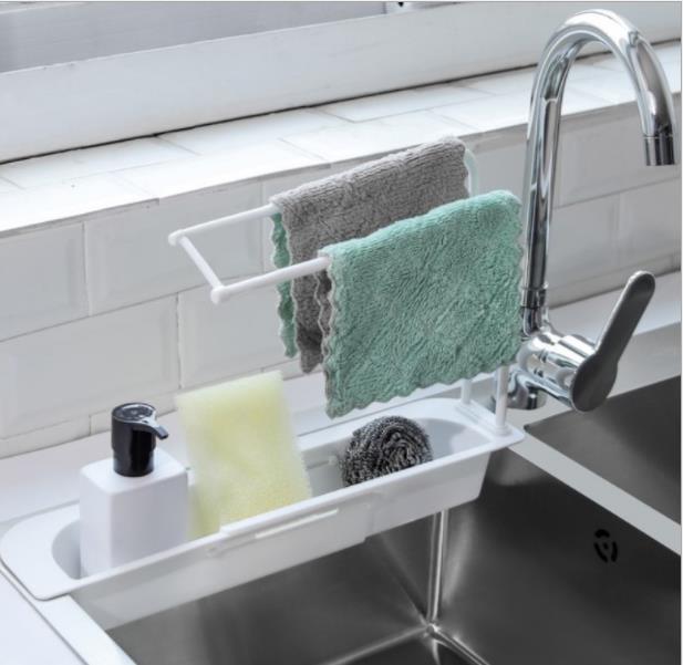 Teleskopisk vask opbevaringsstativ justerbart afløbsstativ køkkenvaske opbevaringsstativ orangizer vaskeskål svampholder badeværelse: Hvid