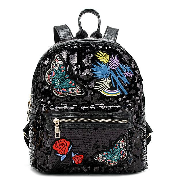 Glitter Pailletten Borduurwerk Rugzak Vrouwen Mode Reizen Rugzak Rose Vlinder Patched Schooltas Mochilas