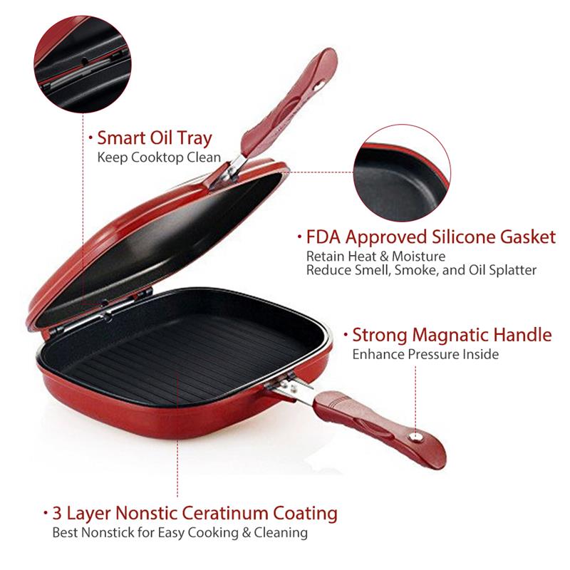 28cm dobbel side bærbar grill stekepanne firkantet form non-stick rustfritt stål ansikt panne biff stekepanne kjøkken kokeverktøy