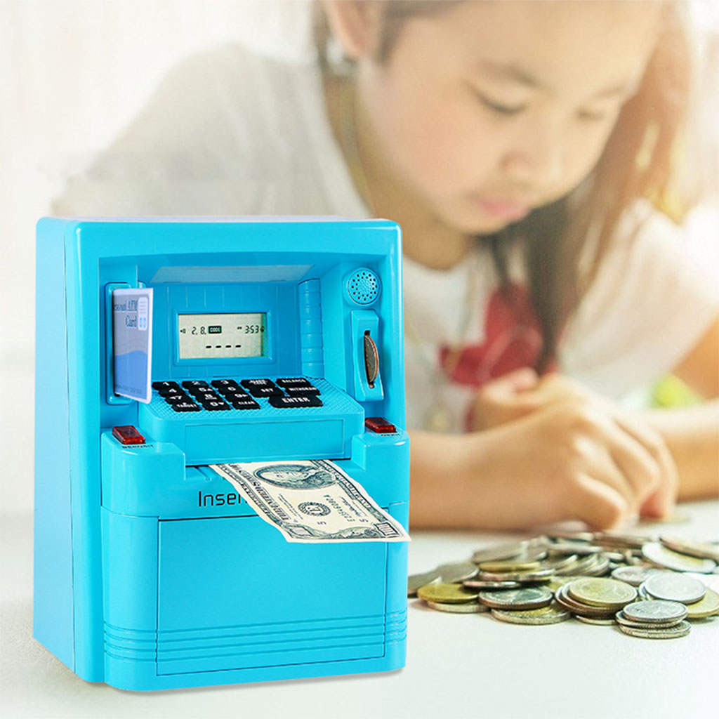 Salvadanaio elettronico ATM con luce notturna Auto Scroll Mini ATM giocattoli per bambini bambini: Cielo Blu