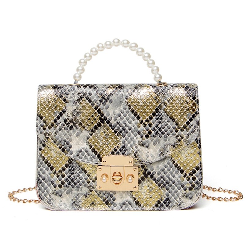 Pu-leder-schultertaschen für damen, schlangenleder-mini-geldbörse, retro-quadrattasche, ketten-umhängetasche, handtaschen mit perlengriff: Gelb