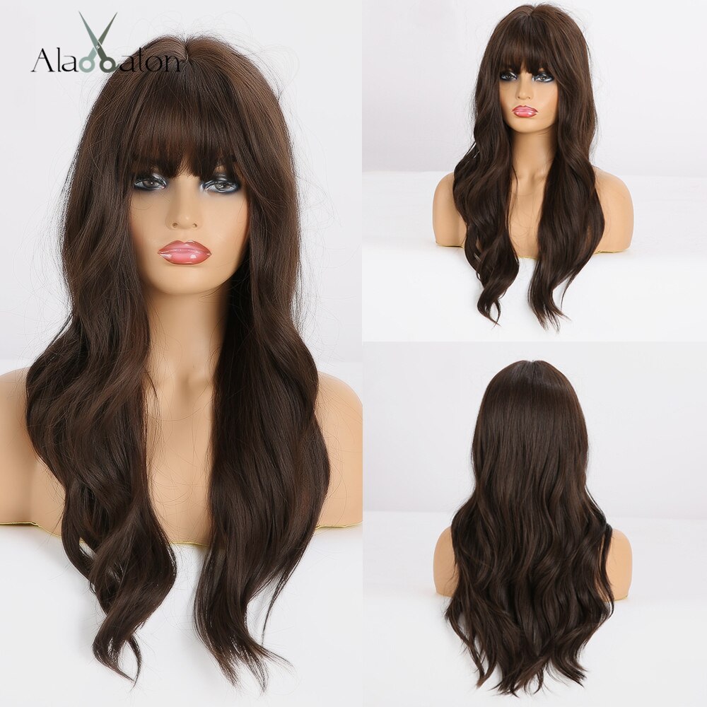 ALAN EATON Ombre Black Brown Long Wave Synthetic Wigs with Full Bangs For Black Women Heat Resistant Fibre Cosplay Party Daily: lc226-2