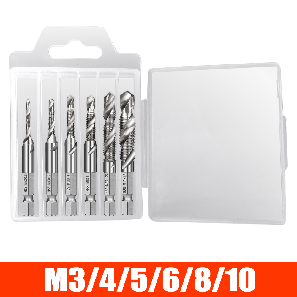 DIZAINLIFE M3 M4 M5 M6 M8 M10 Titanium Tap Drill Bit Set Hex Shank HSS Screw Thread Metric Combination Drill Bits Compound Tools: 6PCS Silver / Lengthen