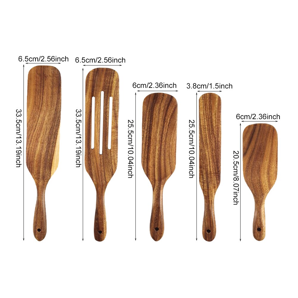 5pcs Spatula Wooden Spurtle Set Stirring Heat Resistant Non Stick Cooking Utensil Kitchen Tool Slotted Turner Serving Home