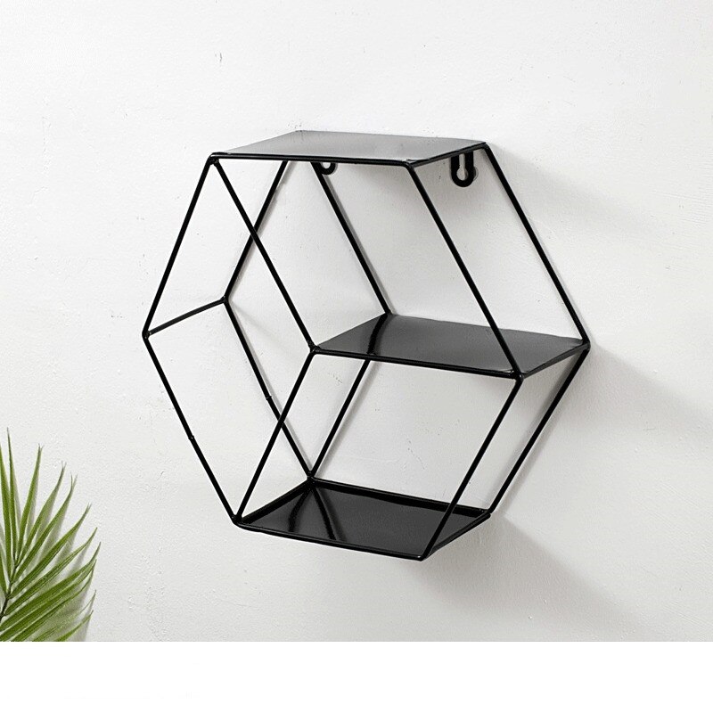 Nordisk stil metal dekorativ hylde rund sekskant opbevaringsholder stativ hylder hjem vægdekoration potte ornament holder stativ: Sekskant sort