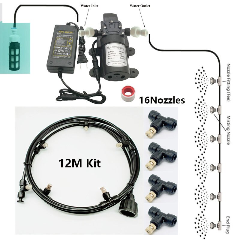 Havevandtåge spraydyse elektrisk pumpe sprøjtesystem forstøver til blomster plante drivhus havevanding 6m-18m: 12m sorte sæt