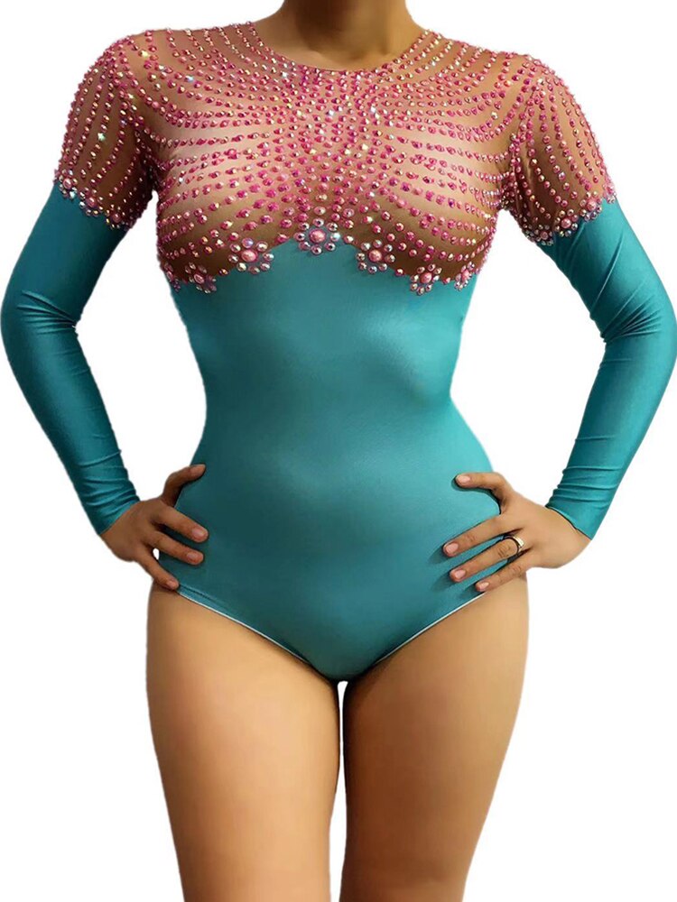 Body con perlas y diamantes de imitación para mujer, ropa de gimnasia rítmica para adultos, baile Dj sexi de animadora para actuación, mallas para escenario: L