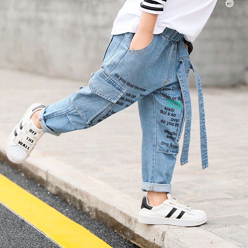 Pojke jeans barn barn cargo jeansbyxor småbarn resår midja höst höst trend ledig 3 to 13 år