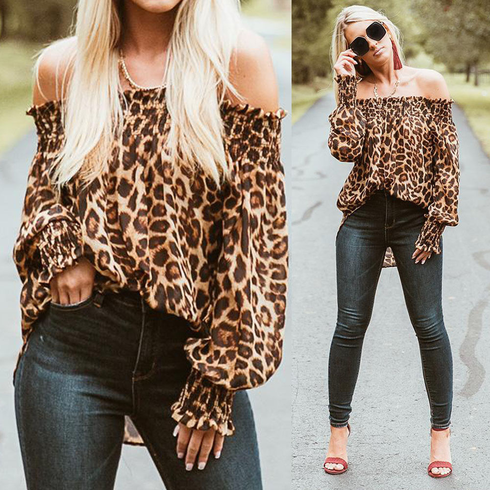 Mulheres leopardo camisas fora do ombro impressão solta tops pullovers chique senhoras blusa à moda femme camisa blusa roupas