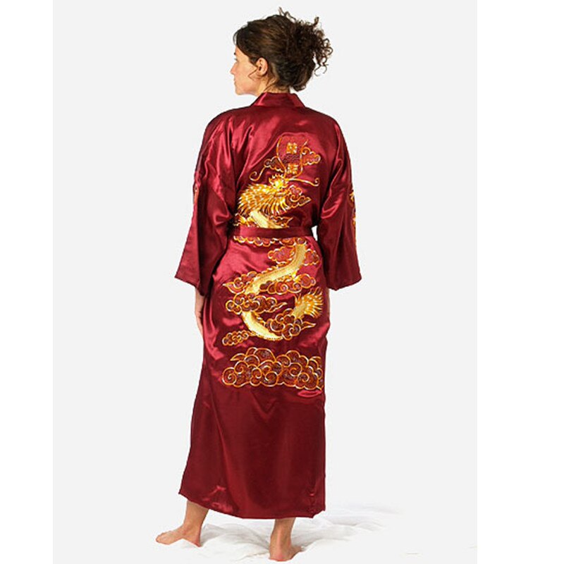 Navy Blue Chinese Men's Satin Silk Robe Embroidery Kimono Bath Gown Dragon Size S M L XL XXL XXXL