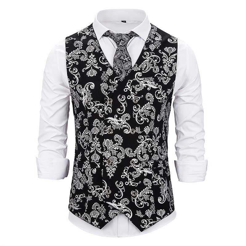 Vest Men Double-breasted Classic Golden Silver Bronzing Paisley Jacquard Silk Waistcoat Vests Party wedding Vest Suit: Silver / M