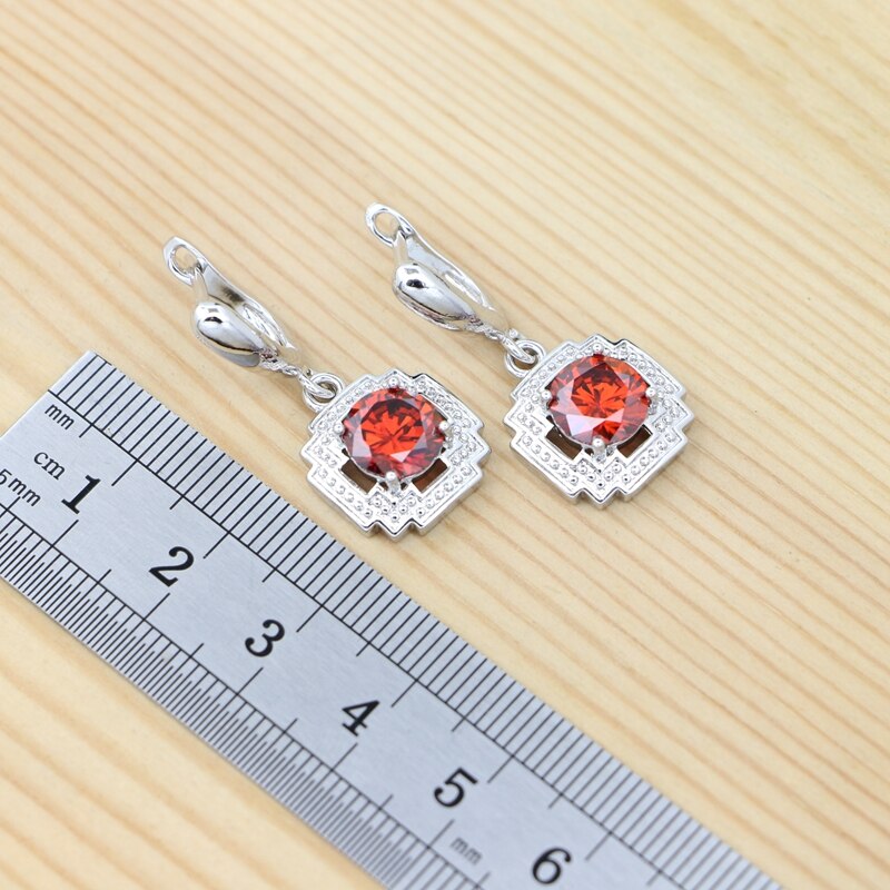 Conjunto de joyería de plata 925 para mujer, anillo redondo rojo granate, pendientes, pulsera, colgante, cadena, joyería cuadrada