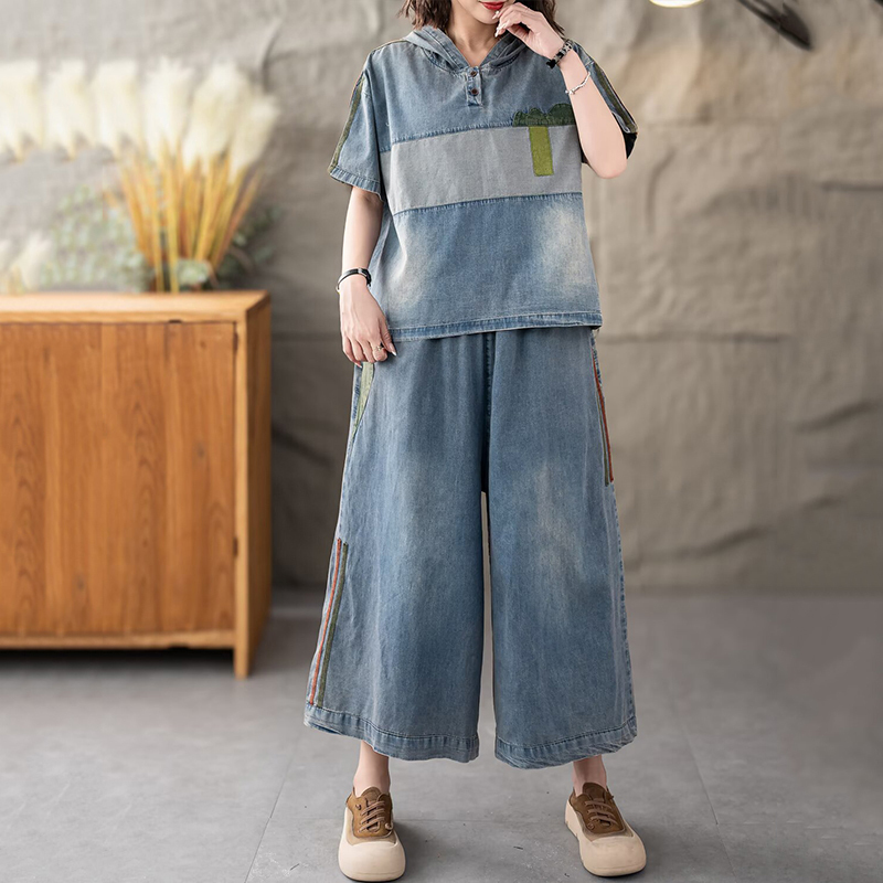 masse wass sommerantrekk dame trenings denim 2- delt sett kommode løse hettegensere årgang jeans avslappet vide bukser