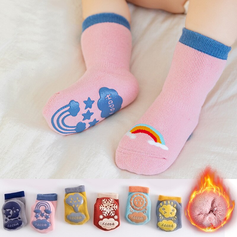 Zachte Cartoon Print Baby Sok Leuke Anti Slip Elastische Dikke Baby Meisje Jongen Vloer Sokken Herfst Winter Warm Pasgeboren Peuter sok