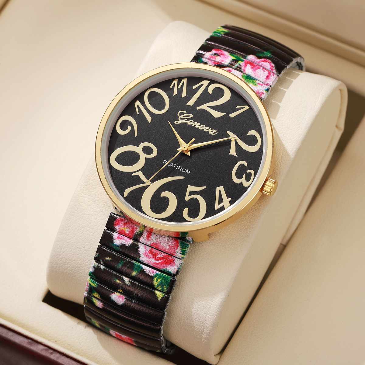 1/2/3/4 Uds. Reloj de Mujer con estampado de flores a la , correa elástica de lujo, relojes de cuarzo árabe, Reloj para Mujer y niñas (sin caja)