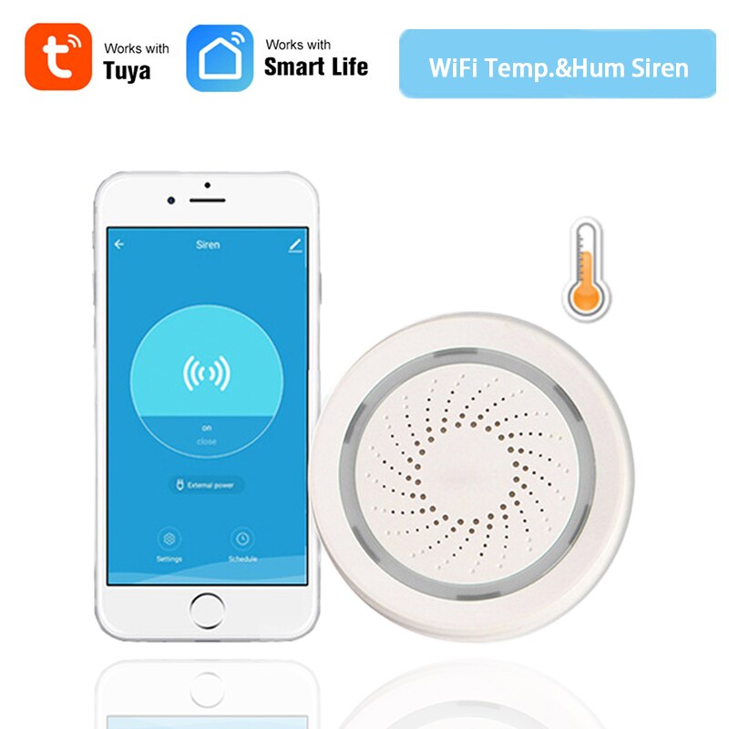 Smart trådløs 2.4 ghz wifi sirene alarm sensor, indbygget temp. og hum. sensor, tuya smart life gratis app kompatibel ios & android