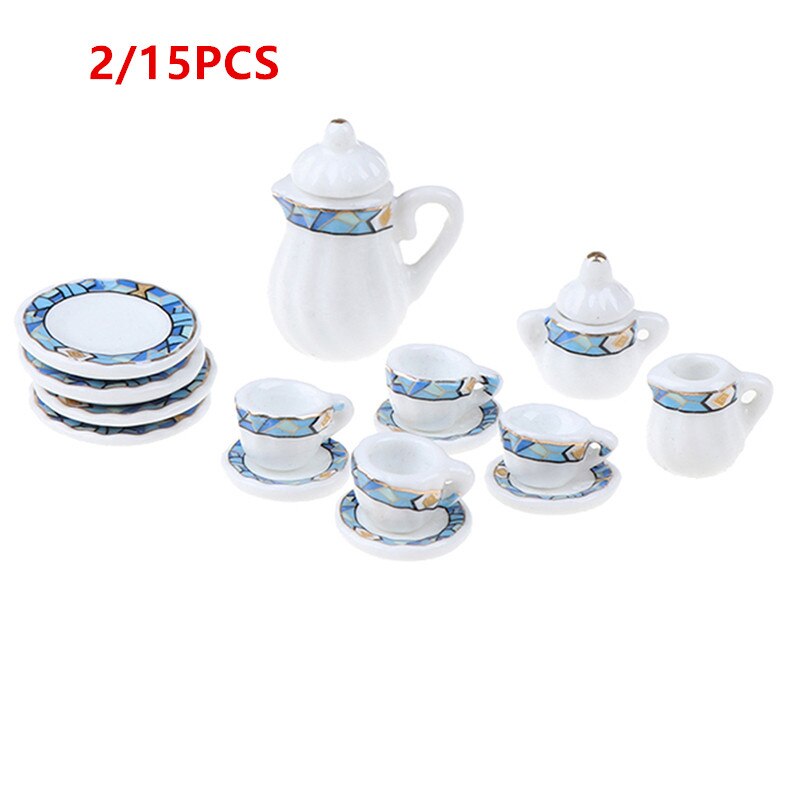 15Pcs 1:12 Miniature Porcelain Tea Cup Set Chintz Flower Tableware Kitchen Dollhouse Furniture Toys For Children: 2