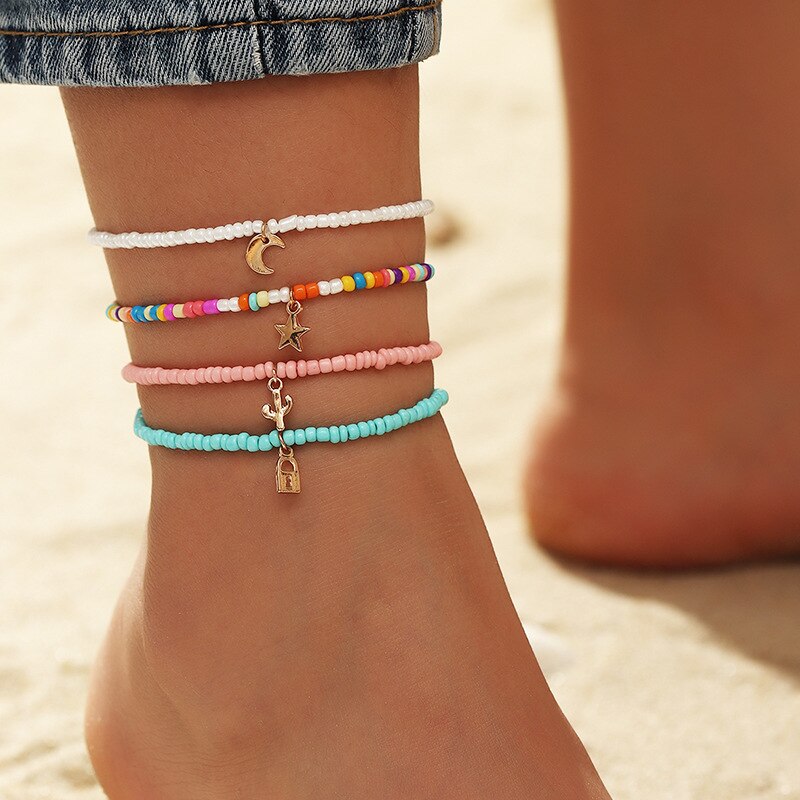 Boho Candy Beads Charm Multilayer Anklets Star Butterfly Key Pendant Handmade Foot Chain Bracelet Barefoot Beach Jewelry Bijoux: FZ0165
