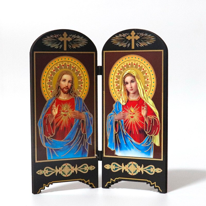 Articulos religiosos catolico religiøs figur ikon dobbeltskærm skrivebord dekoration jesus kristus hellige hjerte jomfru maria figurer: Kongeblå