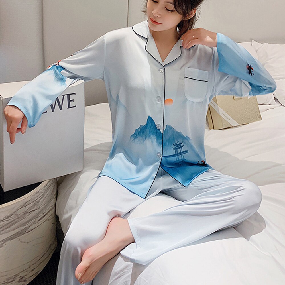 ChunShang Pajamas Women Ice Silk Long-Sleeved Two-Piece Cardigan Korean Style Simple Summer Home Service