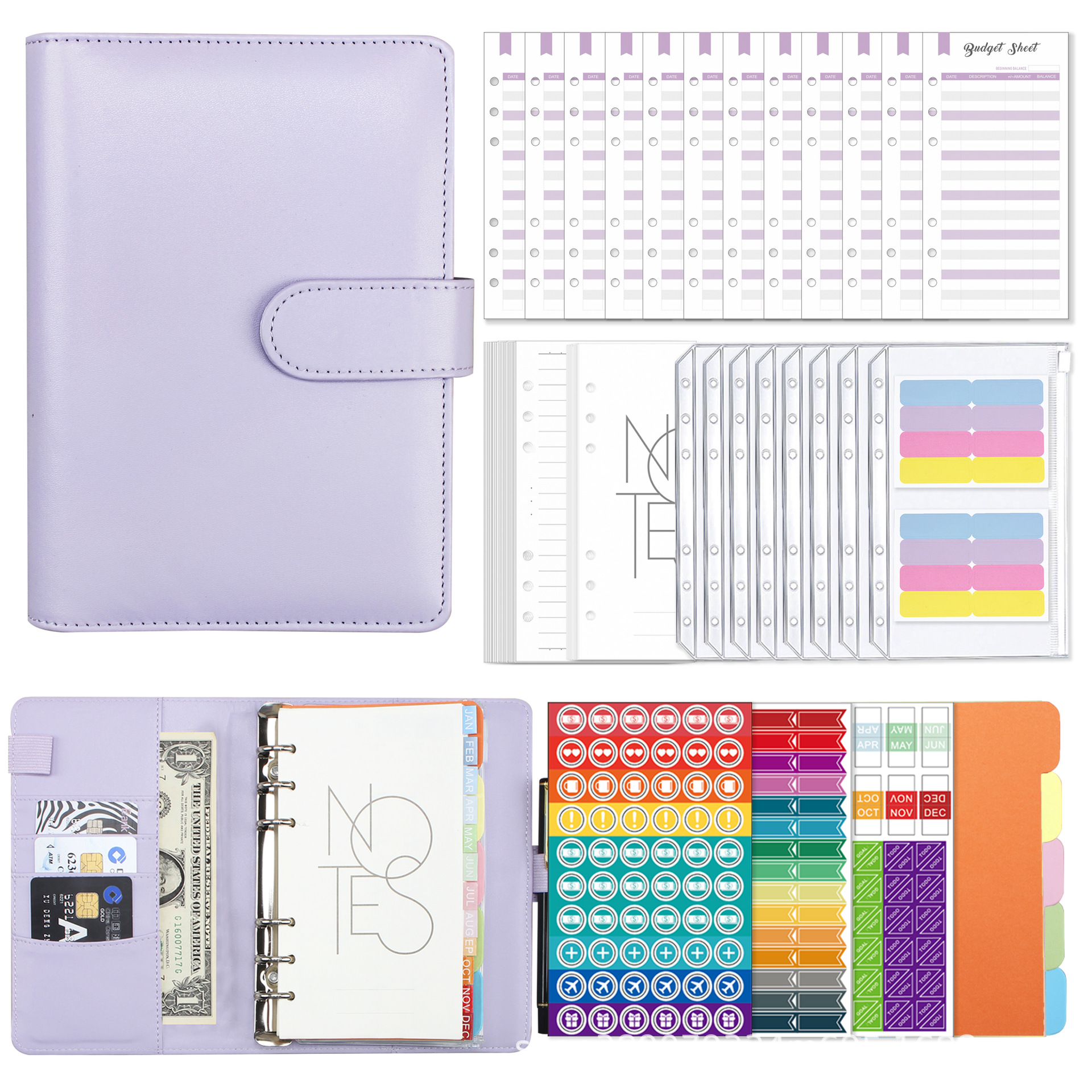 2022 A6 PU Leather Notebook Binder Budget Planner Organizer 6 Ring Binder Cover 12 Binder Pockets Agenda Planner Cover: Purple-A6
