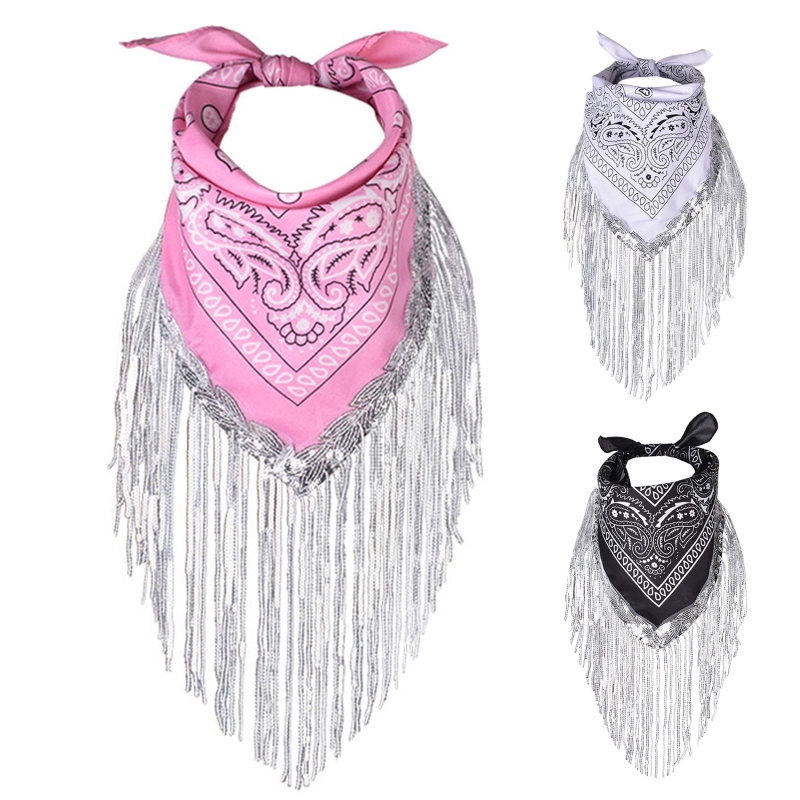 Cowgirl Bandanas Sequin Women Bachelorette Bandanas Tassel Trim Head Scarf Cowgirl Fringe Bandanas Neckerchief Bandanas