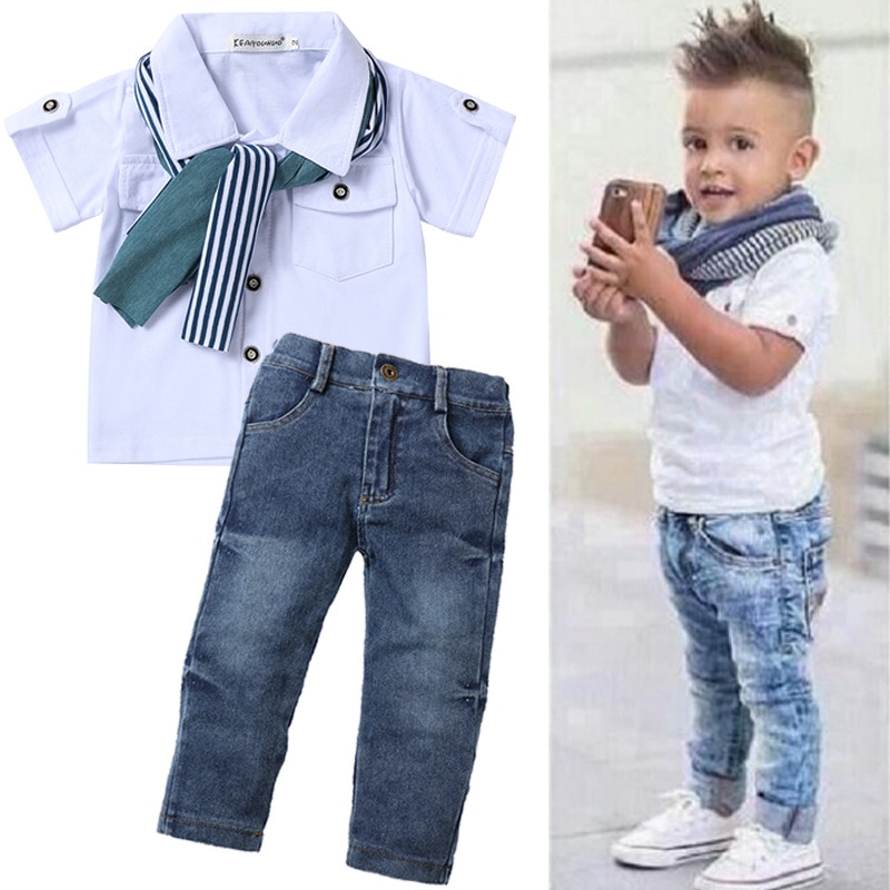 3 Stk/set Kids Baby Boy Kleding Casual Witte T-shirt Sjaal Jeans Zomer Kind Kinderen Voor Peuter Jongens Kleding 2 3 4 5 6 Jaar