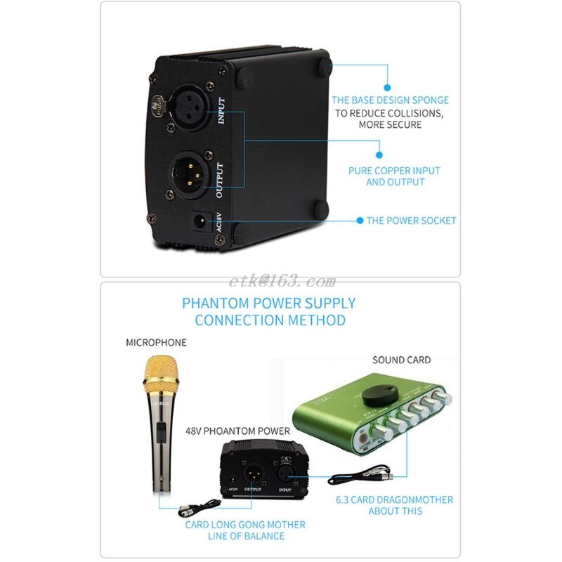 48V Phantom Power Supply with Adapter AU US EU Plug for Condenser Mic Karaoke Microphone Accessories Kit