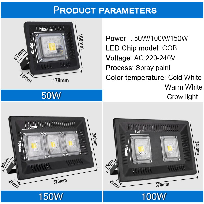 Foco de foco LED COB, 220V, 150W, 100W, 50W, impermeable, IP65, luz de cultivo, farola, iluminación exterior, Reflector de gran potencia