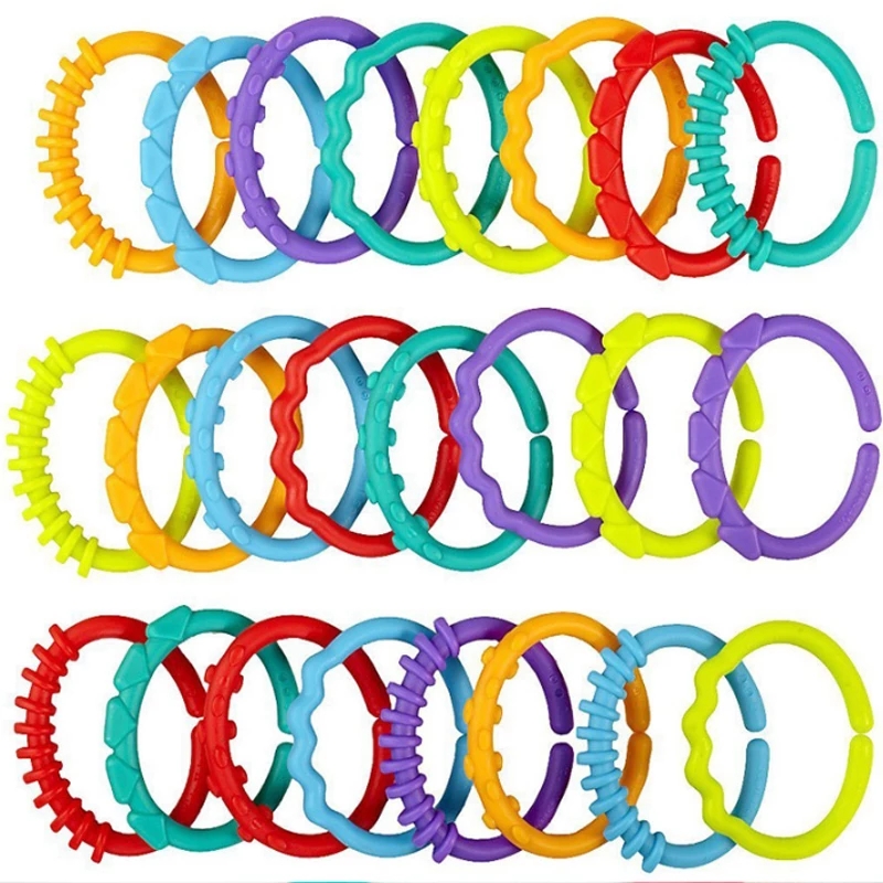 6/18/24Pcs BPA Free Grip Baby Teether Rattle Rainbow Ring Molars Rattle Safety Toy for Children Crib Bed Stroller Hanging