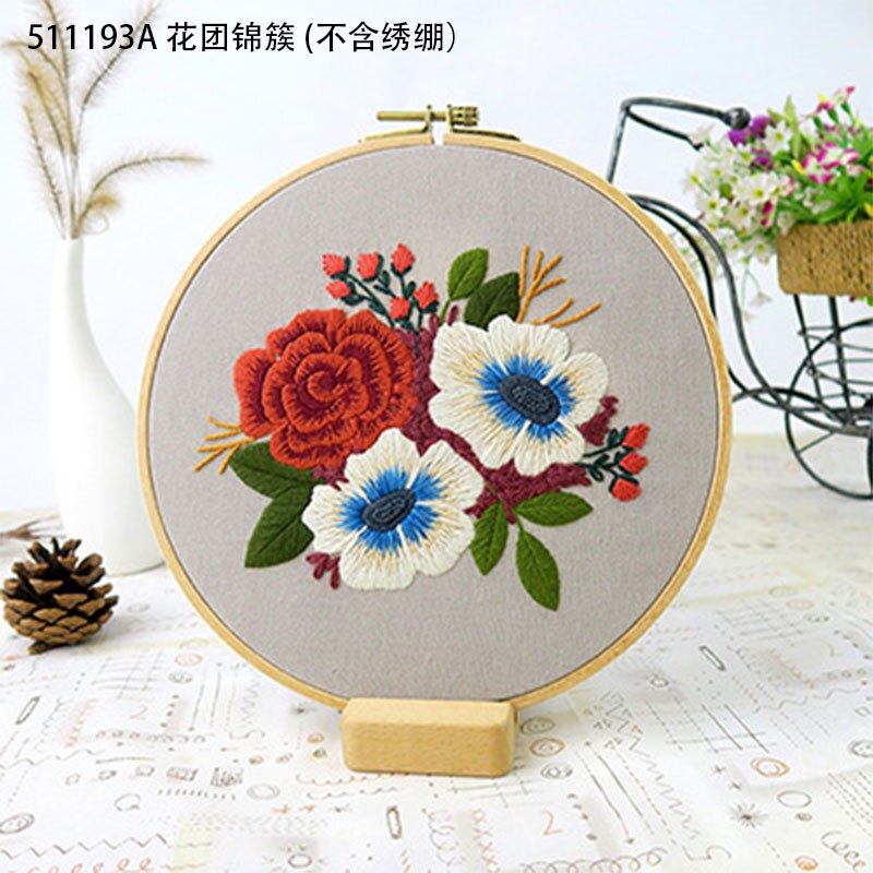Broderi blomster materiale pakke gør det selv broderi kit til begyndere bambus bøjle håndlavet korssting syudstyr broderie: 511193a