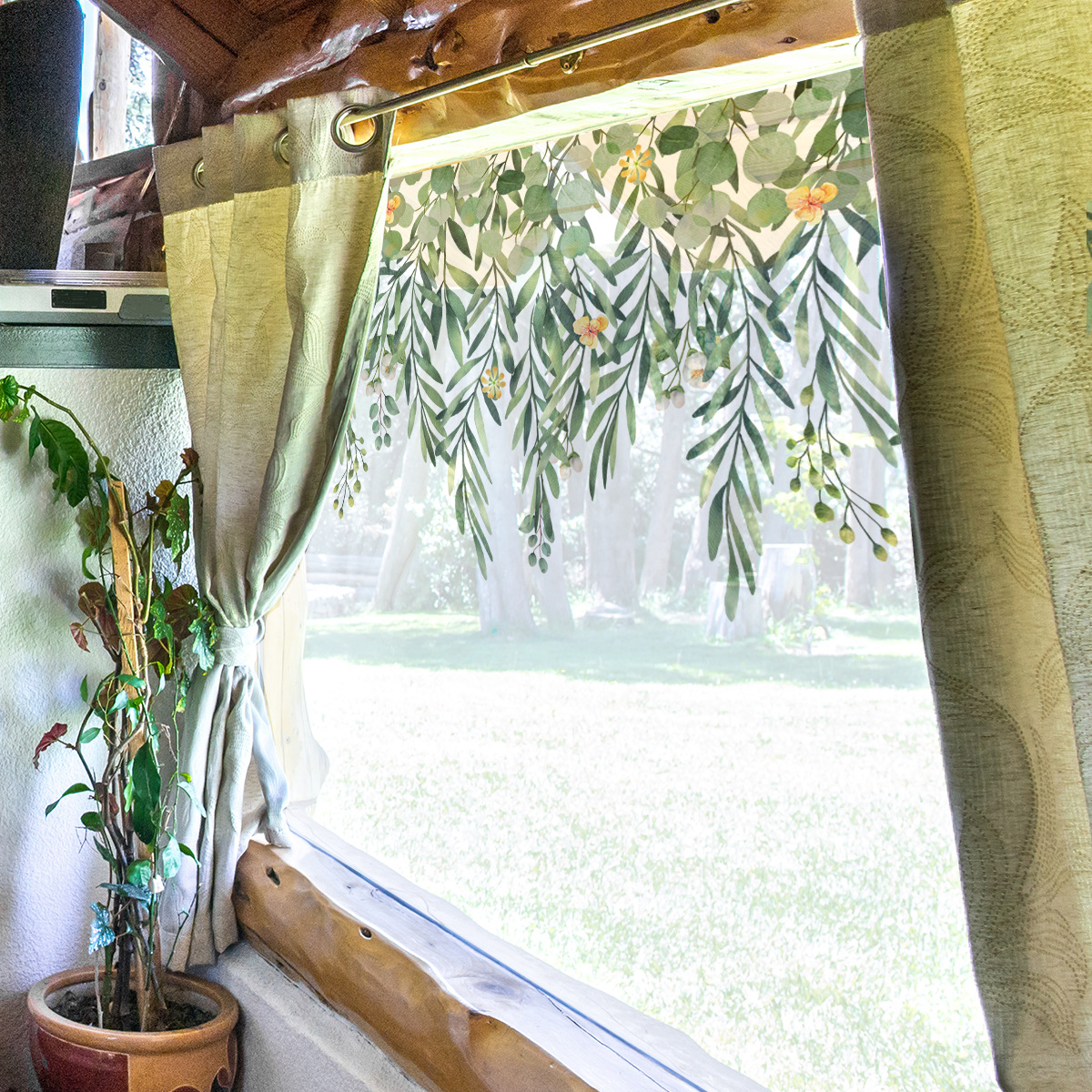 Ramitas de hojas caídas pintadas a mano, calcomanía de vidrio de flores frescas para exhibición de ventana o decoración de fondo de pared, autoadhesiva