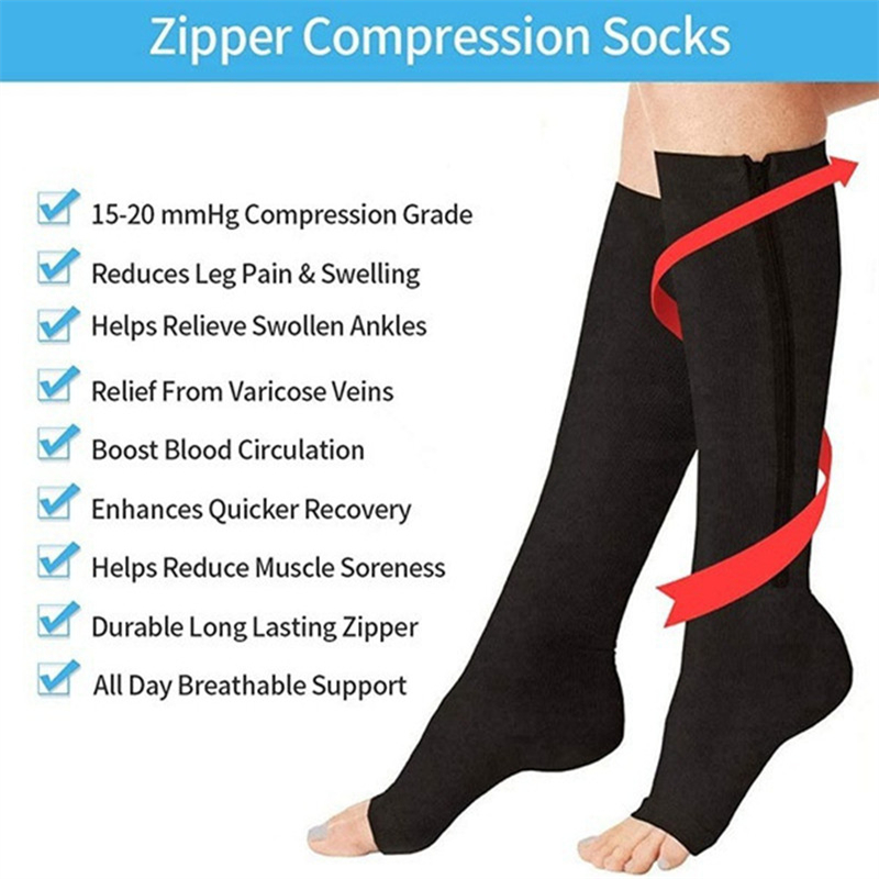 Calcetines de compresión con cremallera para hombre y mujer, medias hasta la rodilla con cremallera, soporte para piernas, punta abierta, Color sólido, YSZ02
