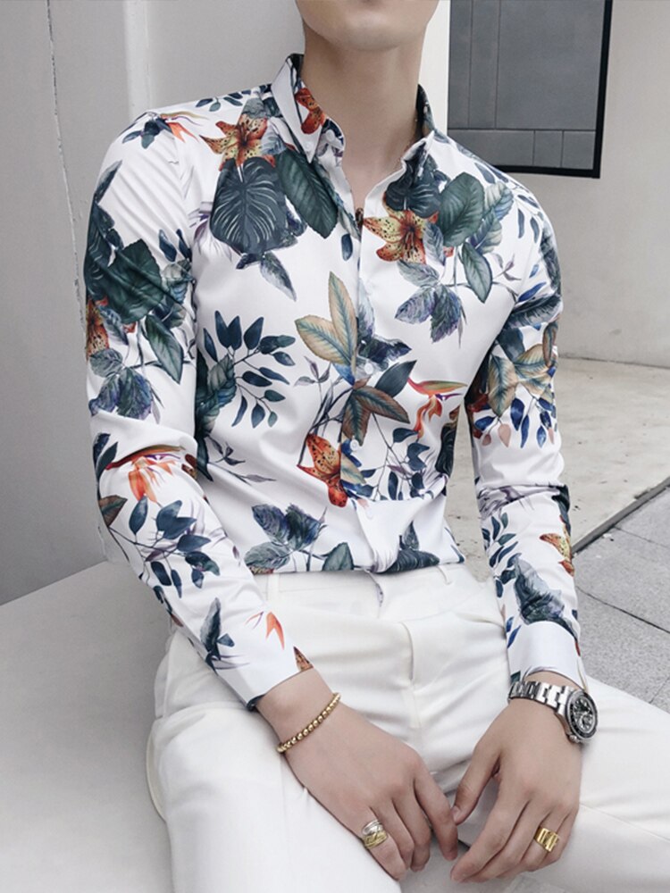 Märke streetwear hawaiisk skjorta herr långärmad slim fit herrskjortor camisa social masculina blommiga fritidsskjortor