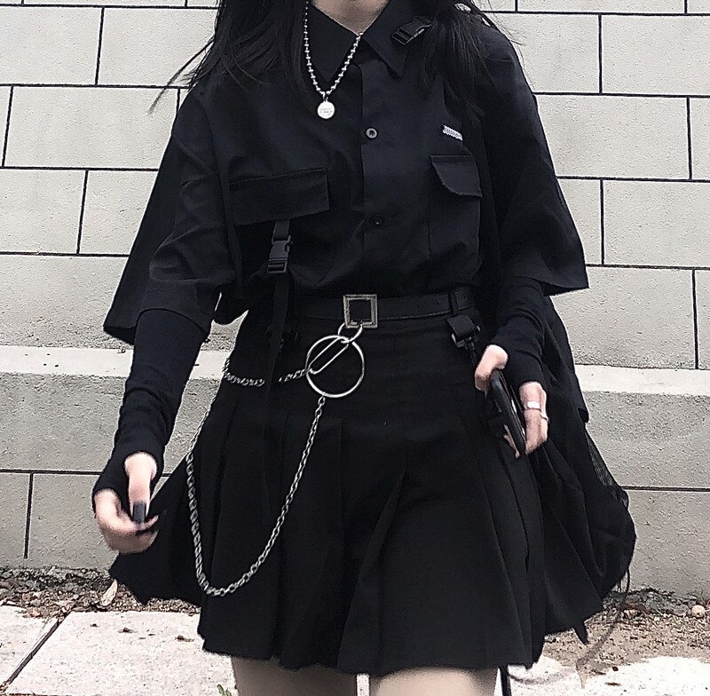 Falda negra plisada con cinturón de cadena Punk Rock Goth Girl, minifalda para animadoras con cinturón, traje para mujer: Skirt and Shirt / L