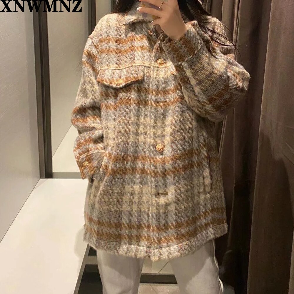 Xnwmnz za kvinnor check overshirt damer vintage krage rutig kappa med långa ärmar kvinnliga streetwear flickor