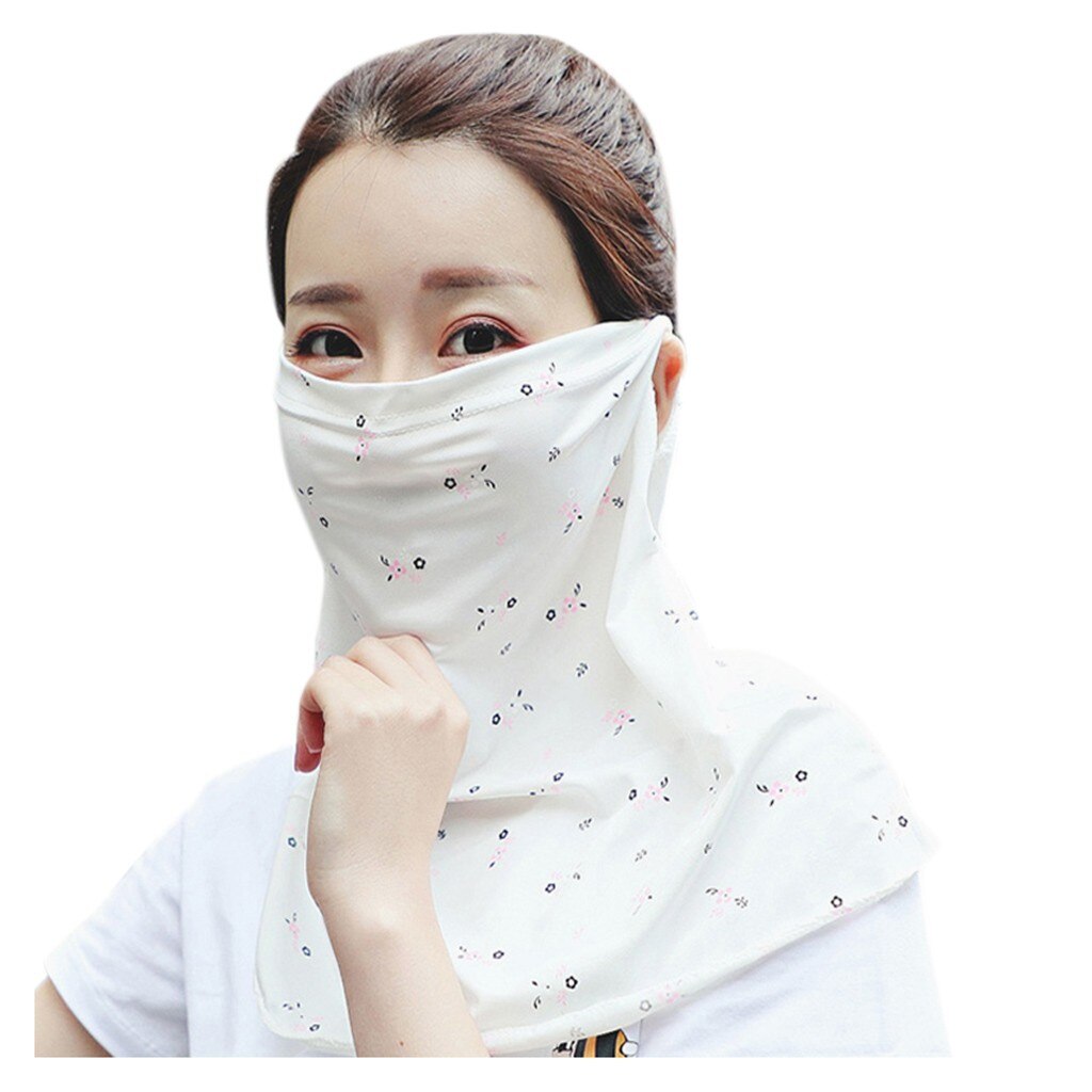 Novedad de verano de máscara cortaviento bufanda de las mujeres pantalla solar Casual cuello bufanda máscara impresión delgada pañuelos envoltura al aire libre suave chales: White