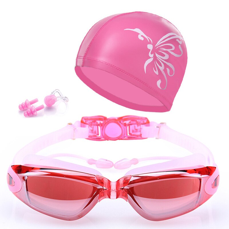 Zwemmen Bril Set Anti-Fog Verstelbare 360 Graden Gevouwen Waterdichte Spiegel High Definition Zwemmen Goggle Met Zwemmen Hoed: pink