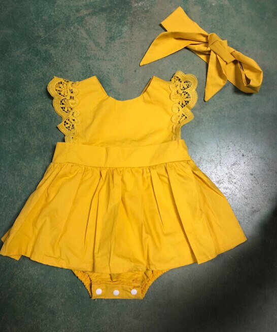 bebé niña ropa de verano sin mangas de encaje de bebé mamelucos + diadema volantes chico recién nacido ropa de bebé mono Casual traje: Amarillo / Recién nacido