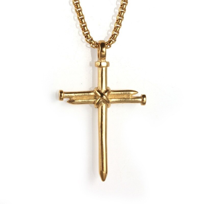 Neue Stil Edelstahl Stahlguss Nagel Kreuz Anhänger für Männer und Frauen Persönlichkeit Stahl Nagel und Seil Kreuz Halskette: Gold