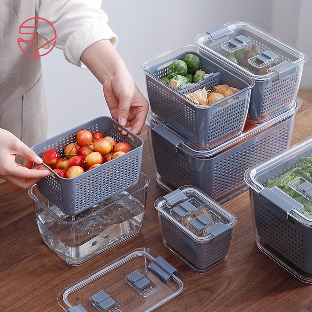 Plastic Double Sealed Drain Storage Box Refrigerator Fruit Vegetable Drain Storage Containers With Lid Kitchen Fridge Organizer